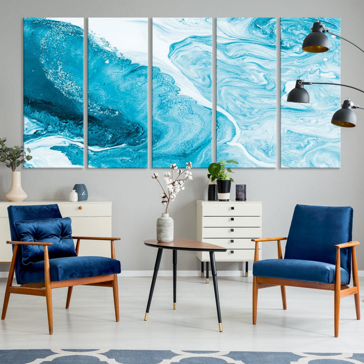 Bright Blue Abstract Painting on Canvas Large Marble Art Print