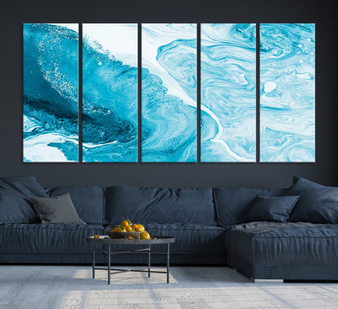 Bright Blue Abstract Painting on Canvas Large Marble Art Print