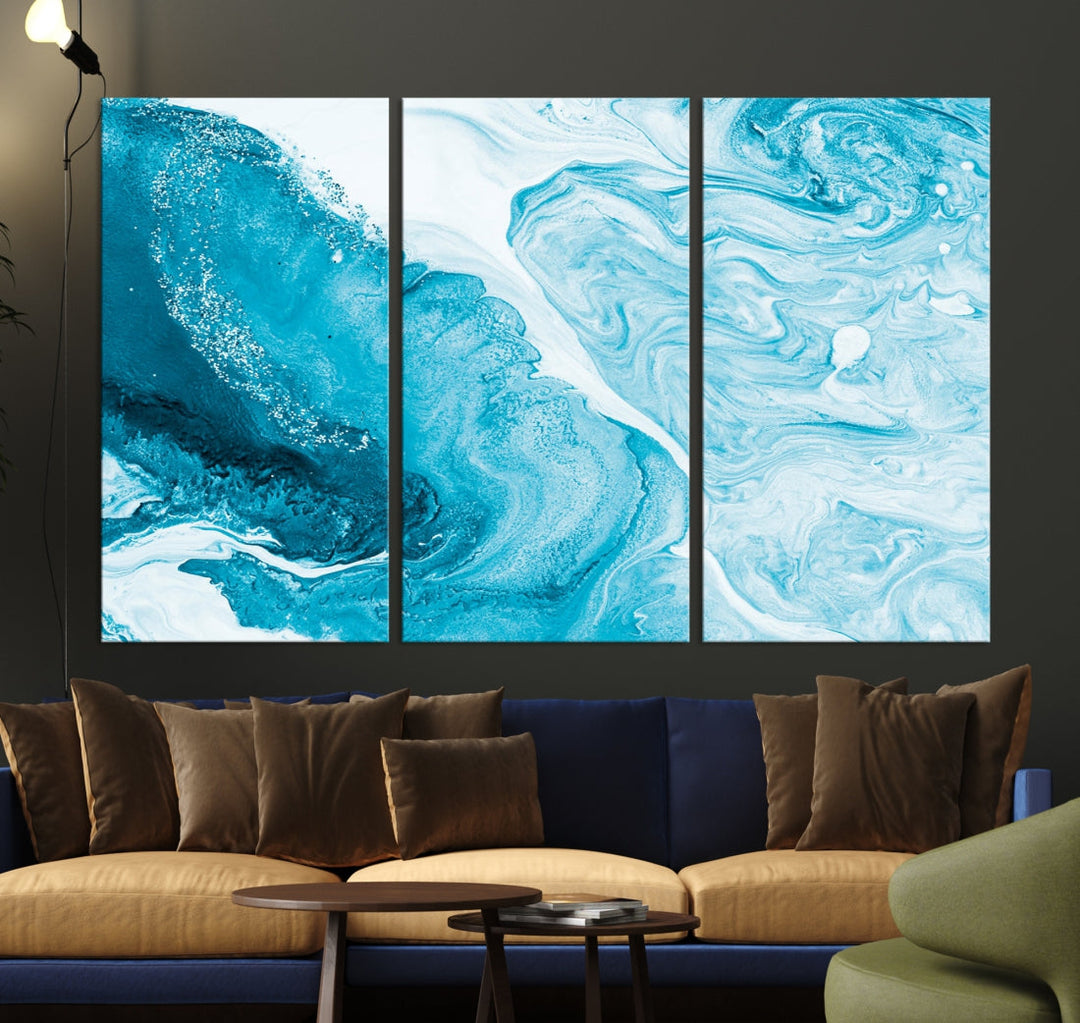 Bright Blue Abstract Painting on Canvas Large Marble Art Print