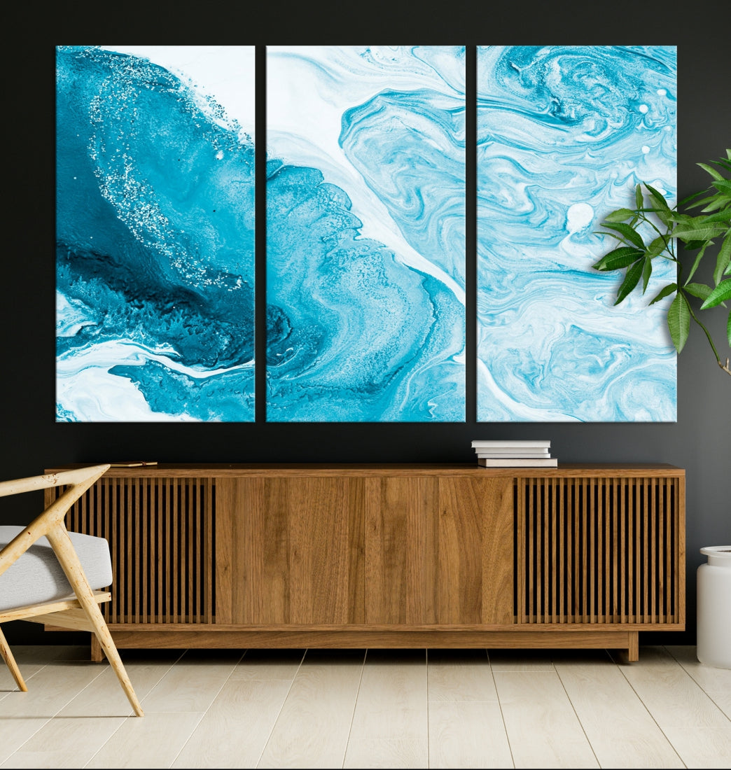 Bright Blue Abstract Painting on Canvas Large Marble Art Print