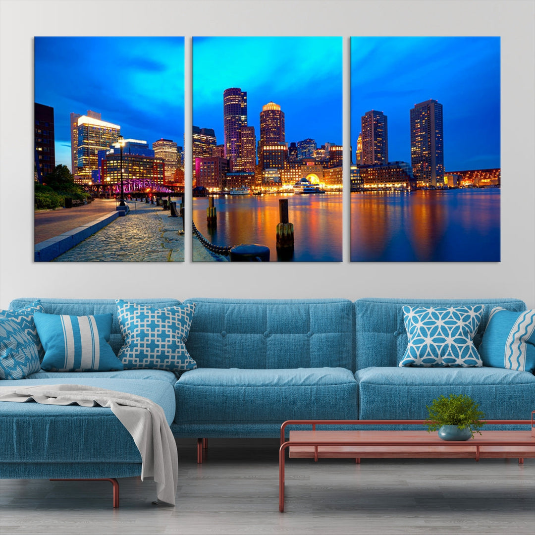 Bring the Charm of the Boston City Night Skyline to Your Home with Our Large Blue Cityscape View Canvas Wall Art Print