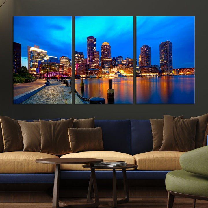 Bring the Charm of the Boston City Night Skyline to Your Home with Our Large Blue Cityscape View Canvas Wall Art Print