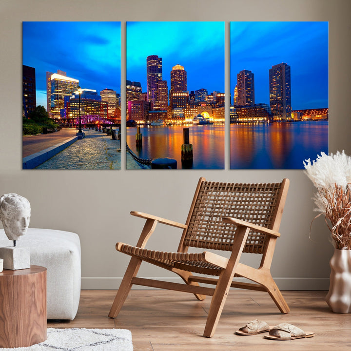 Bring the Charm of the Boston City Night Skyline to Your Home with Our Large Blue Cityscape View Canvas Wall Art Print