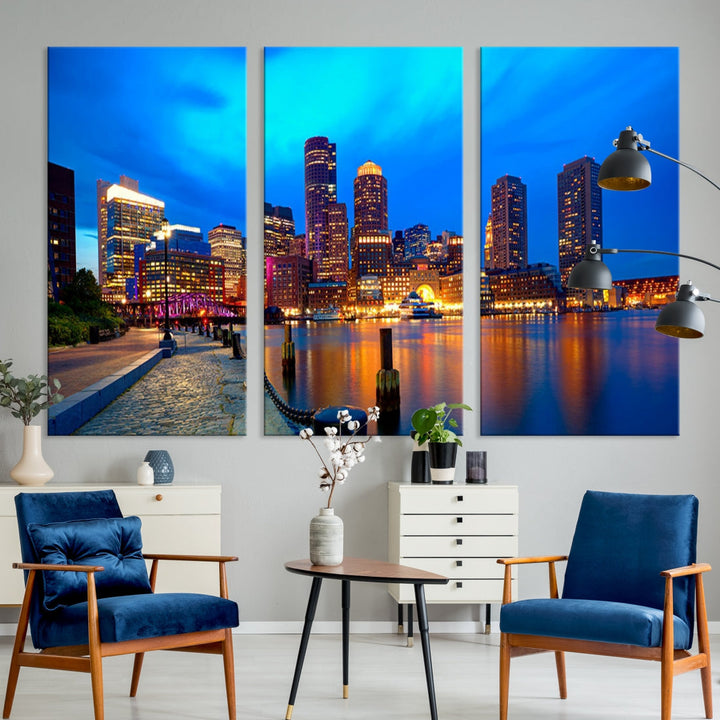 Bring the Charm of the Boston City Night Skyline to Your Home with Our Large Blue Cityscape View Canvas Wall Art Print