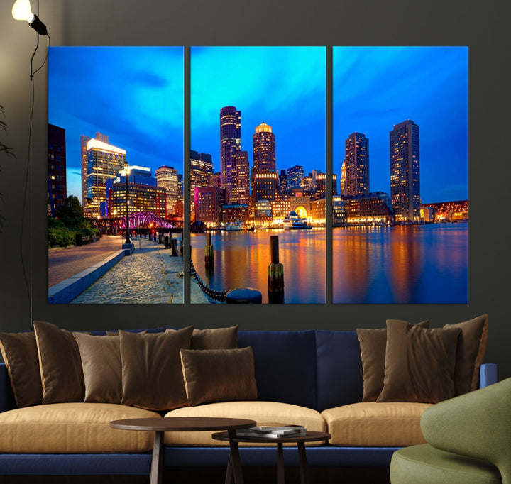 Bring the Charm of the Boston City Night Skyline to Your Home with Our Large Blue Cityscape View Canvas Wall Art Print