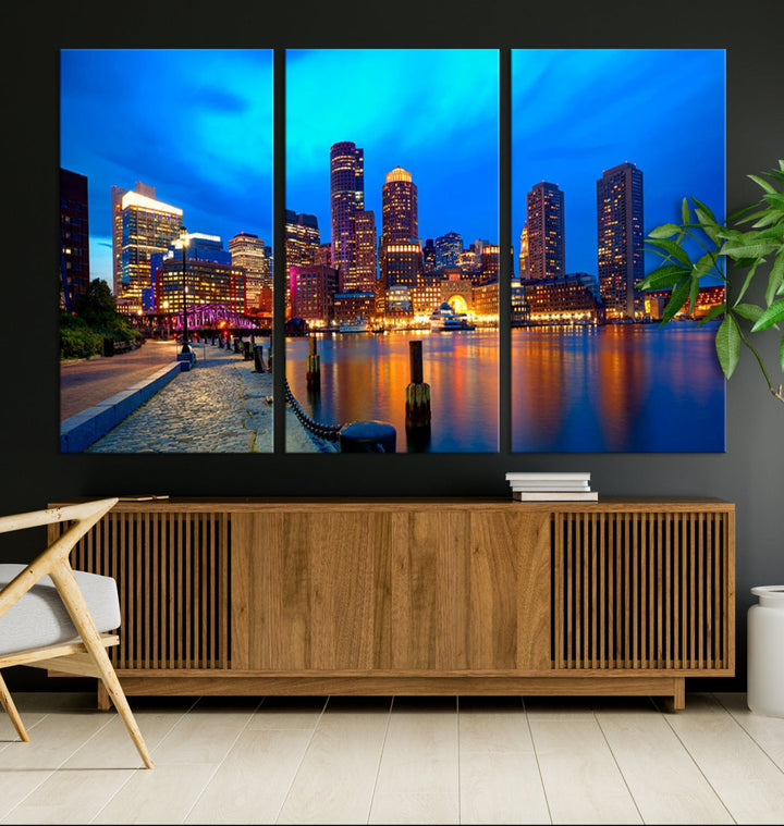 Bring the Charm of the Boston City Night Skyline to Your Home with Our Large Blue Cityscape View Canvas Wall Art Print