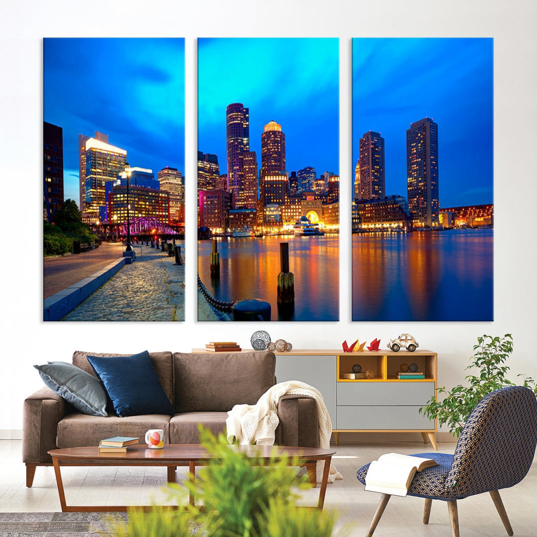 Bring the Charm of the Boston City Night Skyline to Your Home with Our Large Blue Cityscape View Canvas Wall Art Print