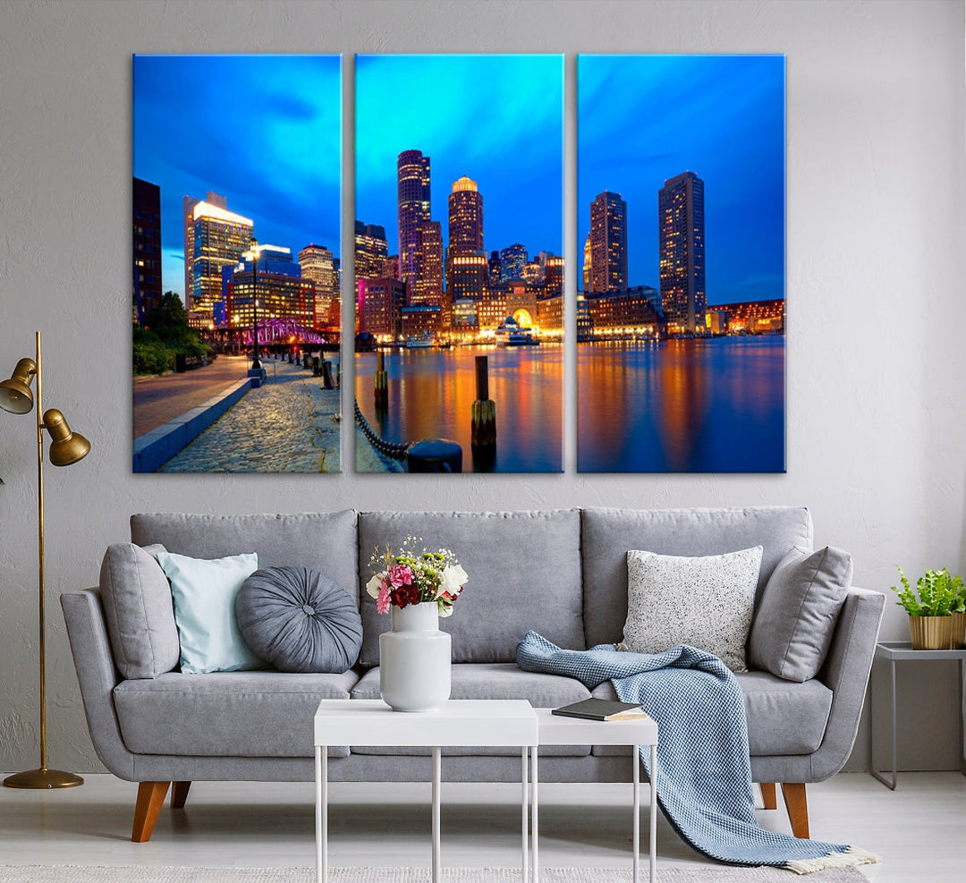 Bring the Charm of the Boston City Night Skyline to Your Home with Our Large Blue Cityscape View Canvas Wall Art Print