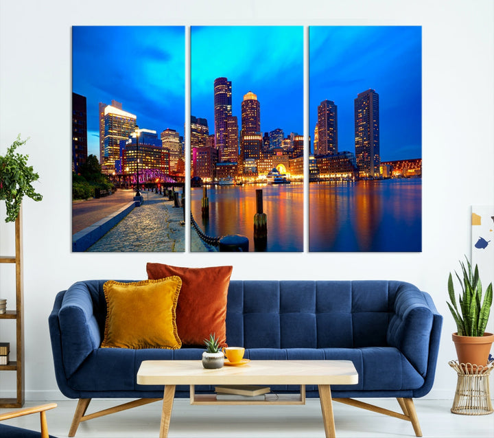 Bring the Charm of the Boston City Night Skyline to Your Home with Our Large Blue Cityscape View Canvas Wall Art Print