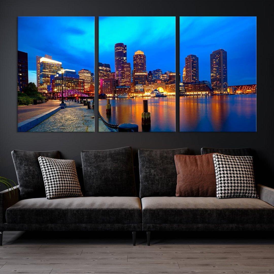 Bring the Charm of the Boston City Night Skyline to Your Home with Our Large Blue Cityscape View Canvas Wall Art Print