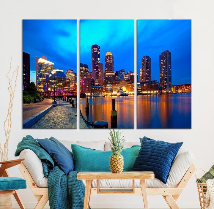 Bring the Charm of the Boston City Night Skyline to Your Home with Our Large Blue Cityscape View Canvas Wall Art Print