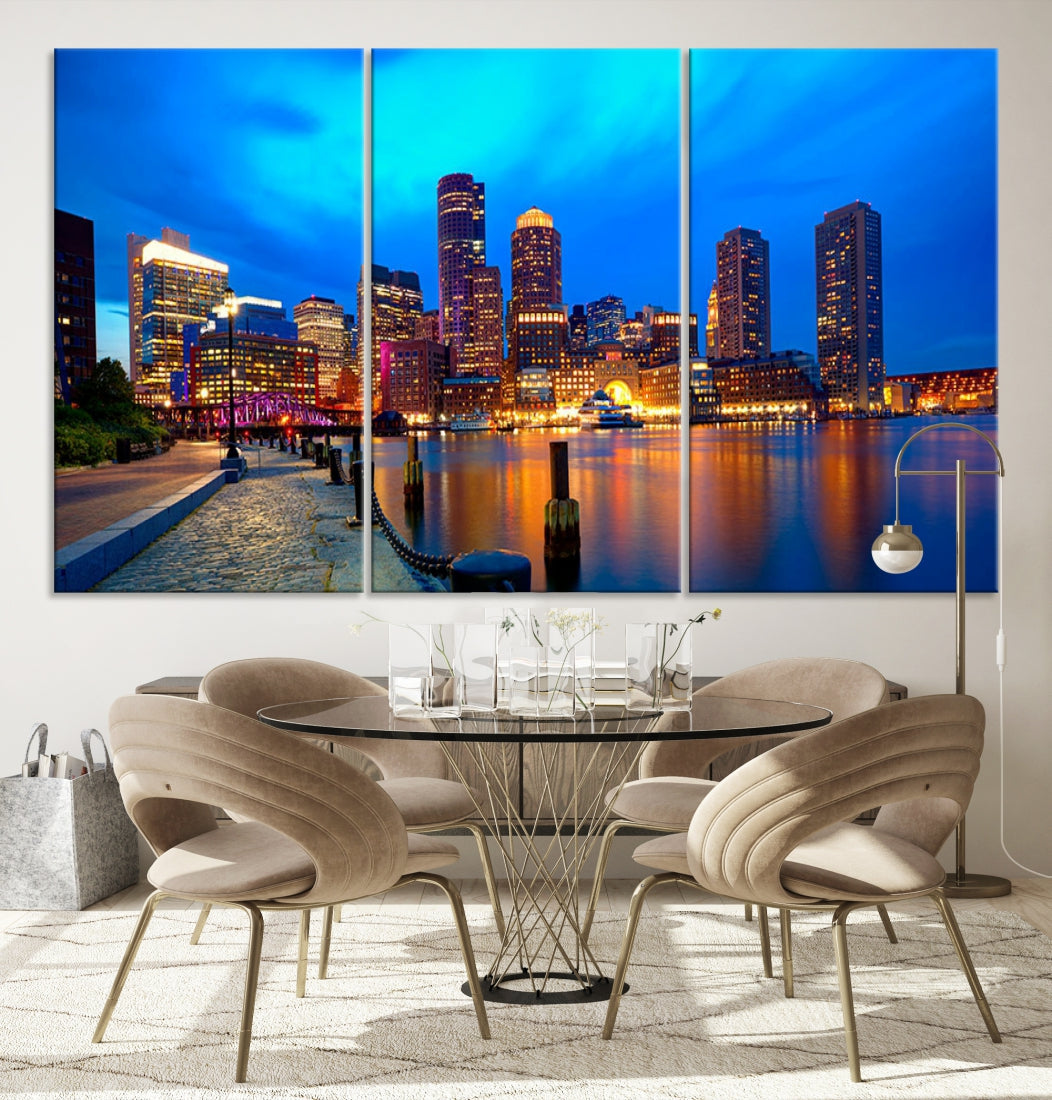 Bring the Charm of the Boston City Night Skyline to Your Home with Our Large Blue Cityscape View Canvas Wall Art Print