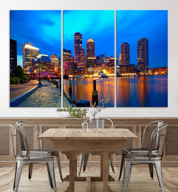 Bring the Charm of the Boston City Night Skyline to Your Home with Our Large Blue Cityscape View Canvas Wall Art Print