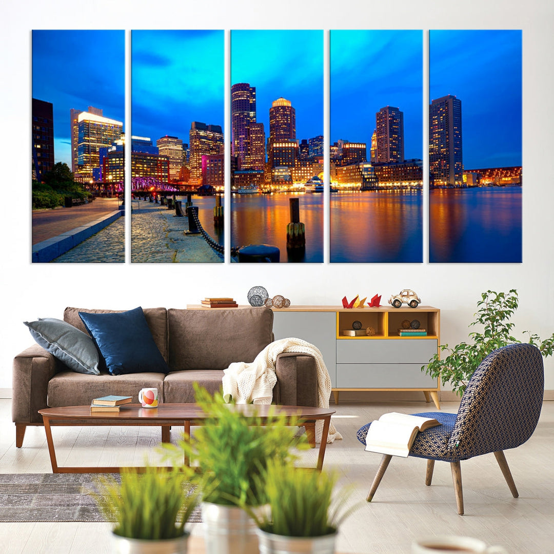 Bring the Charm of the Boston City Night Skyline to Your Home with Our Large Blue Cityscape View Canvas Wall Art Print