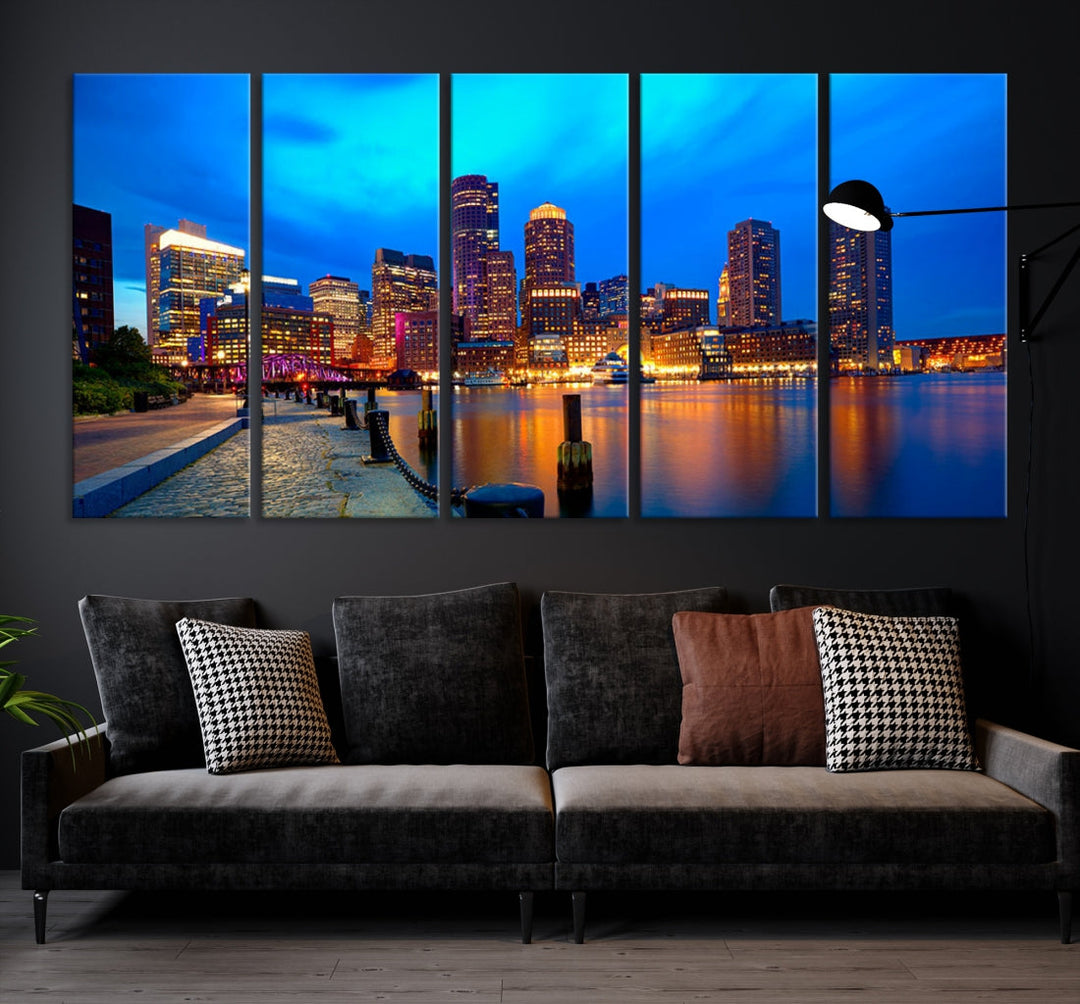 Bring the Charm of the Boston City Night Skyline to Your Home with Our Large Blue Cityscape View Canvas Wall Art Print