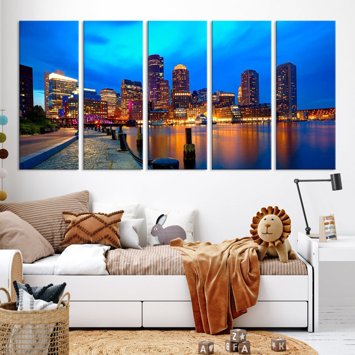 Bring the Charm of the Boston City Night Skyline to Your Home with Our Large Blue Cityscape View Canvas Wall Art Print