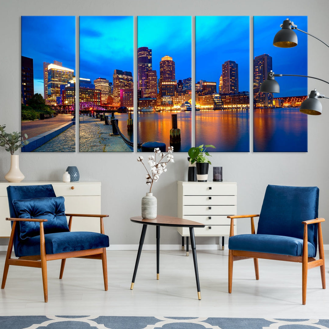 Bring the Charm of the Boston City Night Skyline to Your Home with Our Large Blue Cityscape View Canvas Wall Art Print