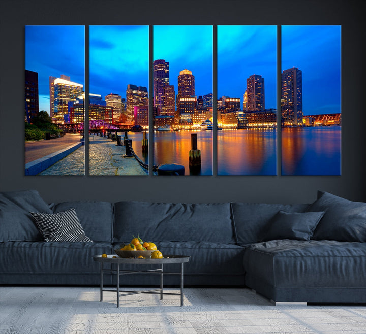 Bring the Charm of the Boston City Night Skyline to Your Home with Our Large Blue Cityscape View Canvas Wall Art Print