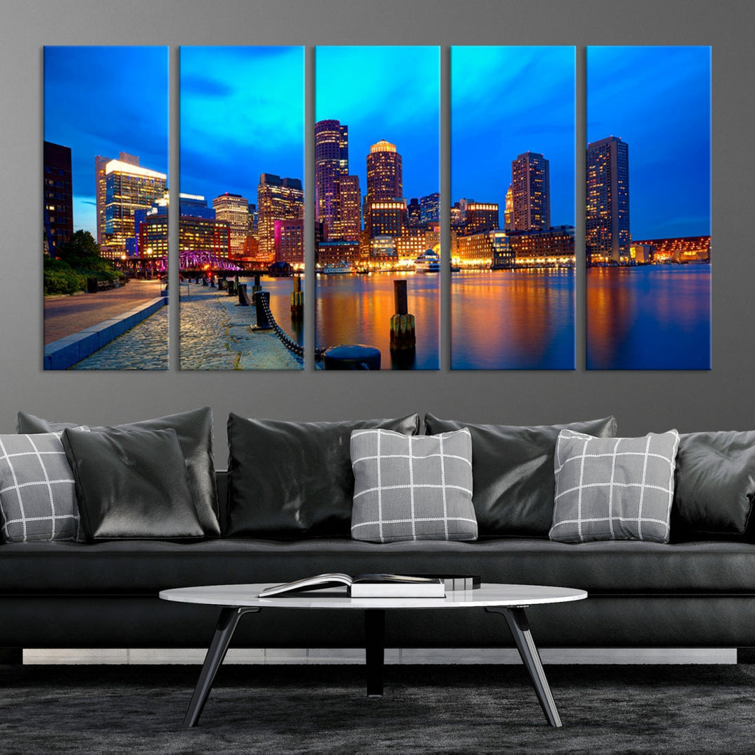 Bring the Charm of the Boston City Night Skyline to Your Home with Our Large Blue Cityscape View Canvas Wall Art Print