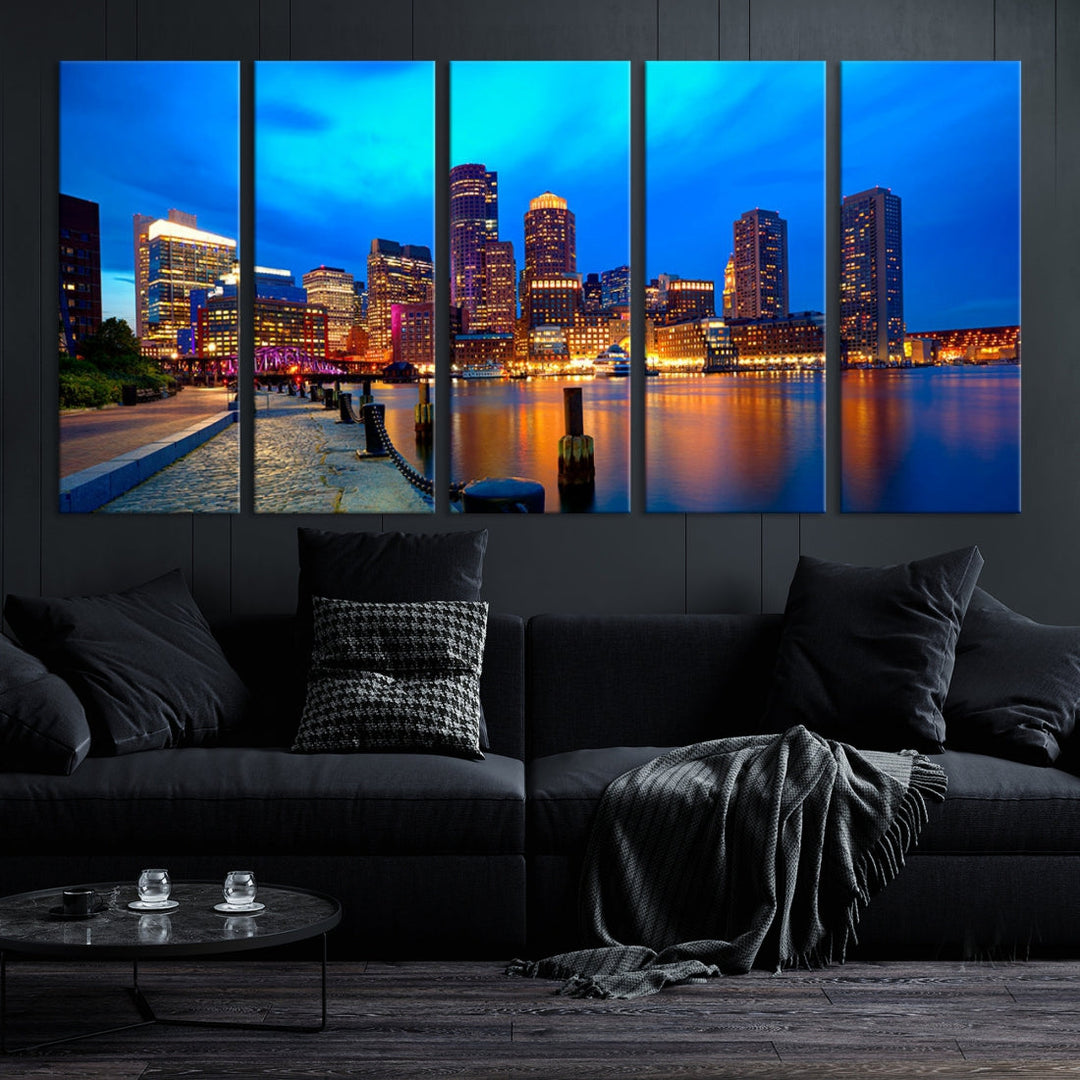 Bring the Charm of the Boston City Night Skyline to Your Home with Our Large Blue Cityscape View Canvas Wall Art Print