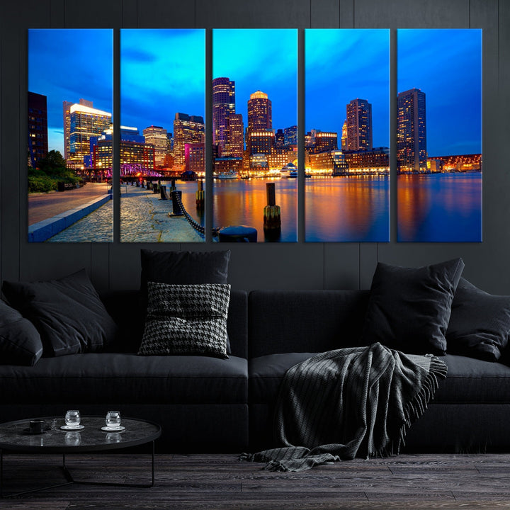 Bring the Charm of the Boston City Night Skyline to Your Home with Our Large Blue Cityscape View Canvas Wall Art Print