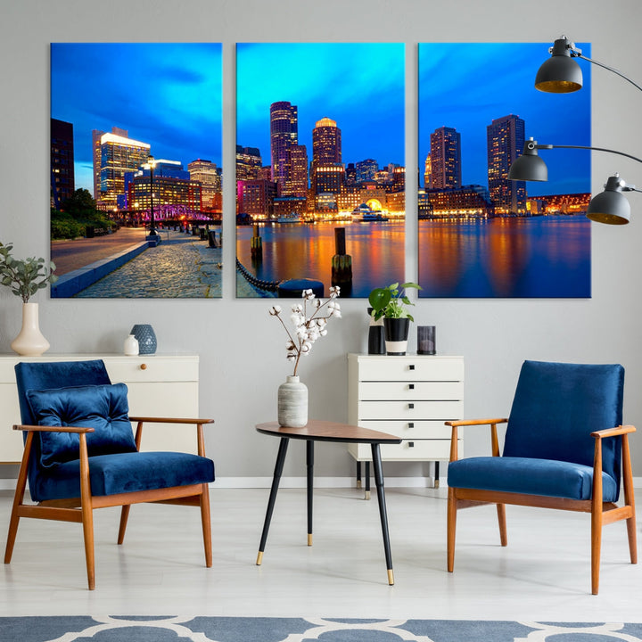 Bring the Charm of the Boston City Night Skyline to Your Home with Our Large Blue Cityscape View Canvas Wall Art Print