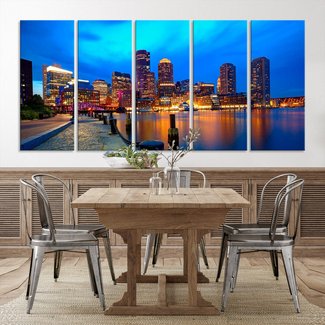 Bring the Charm of the Boston City Night Skyline to Your Home with Our Large Blue Cityscape View Canvas Wall Art Print