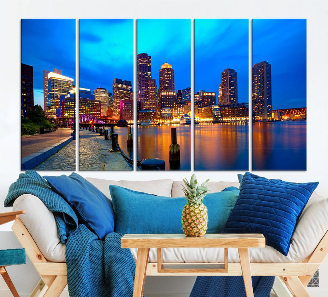 Bring the Charm of the Boston City Night Skyline to Your Home with Our Large Blue Cityscape View Canvas Wall Art Print