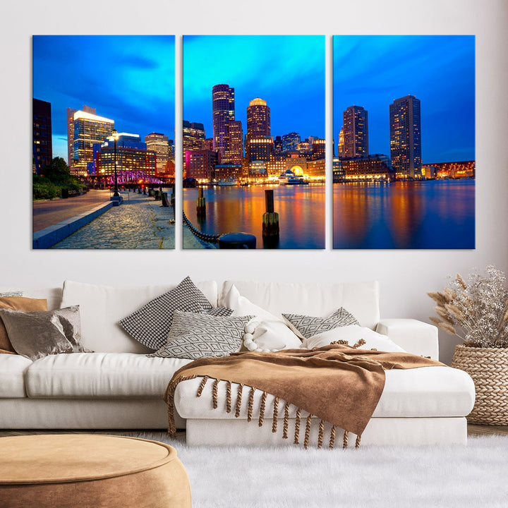 Bring the Charm of the Boston City Night Skyline to Your Home with Our Large Blue Cityscape View Canvas Wall Art Print