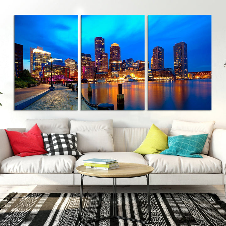 Bring the Charm of the Boston City Night Skyline to Your Home with Our Large Blue Cityscape View Canvas Wall Art Print