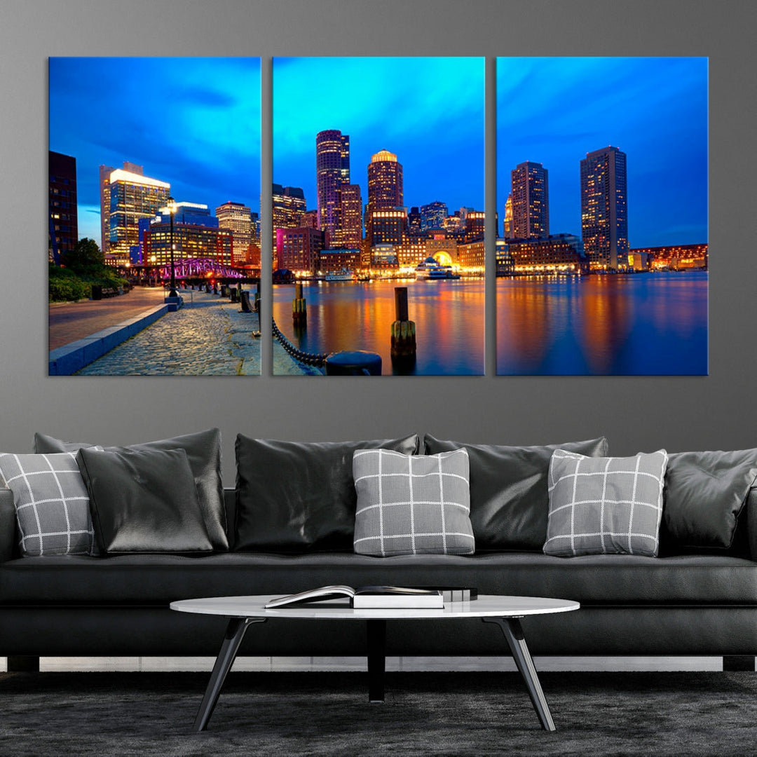 Bring the Charm of the Boston City Night Skyline to Your Home with Our Large Blue Cityscape View Canvas Wall Art Print