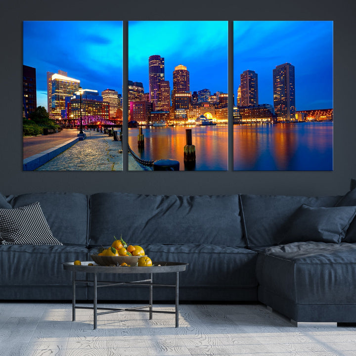 Bring the Charm of the Boston City Night Skyline to Your Home with Our Large Blue Cityscape View Canvas Wall Art Print