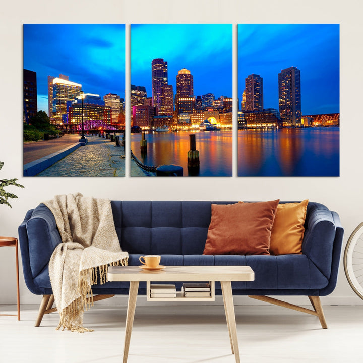 Bring the Charm of the Boston City Night Skyline to Your Home with Our Large Blue Cityscape View Canvas Wall Art Print