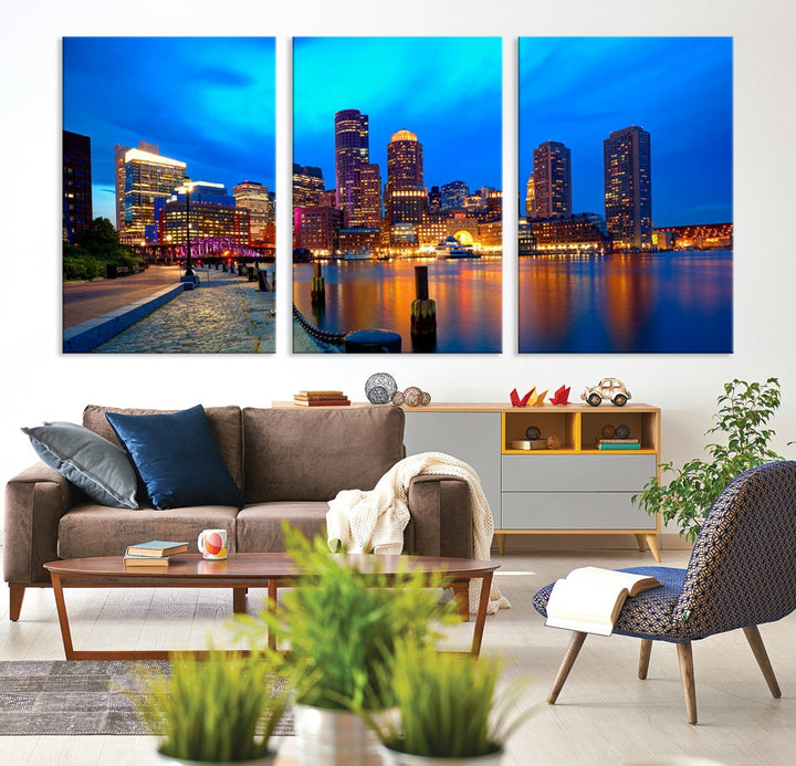 Bring the Charm of the Boston City Night Skyline to Your Home with Our Large Blue Cityscape View Canvas Wall Art Print