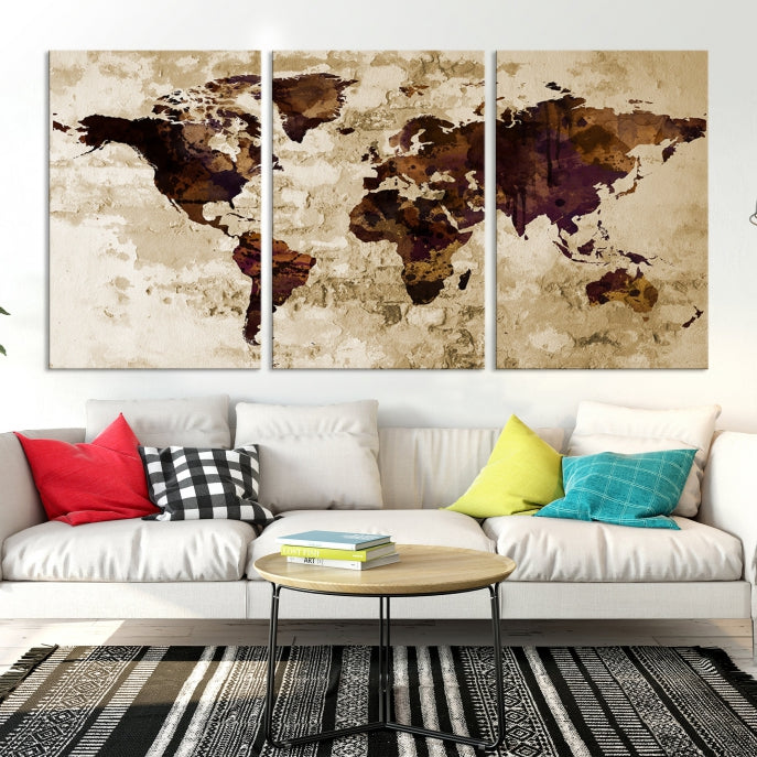 Brown Purple Modern World Map Print Framed Canvas Wall Art