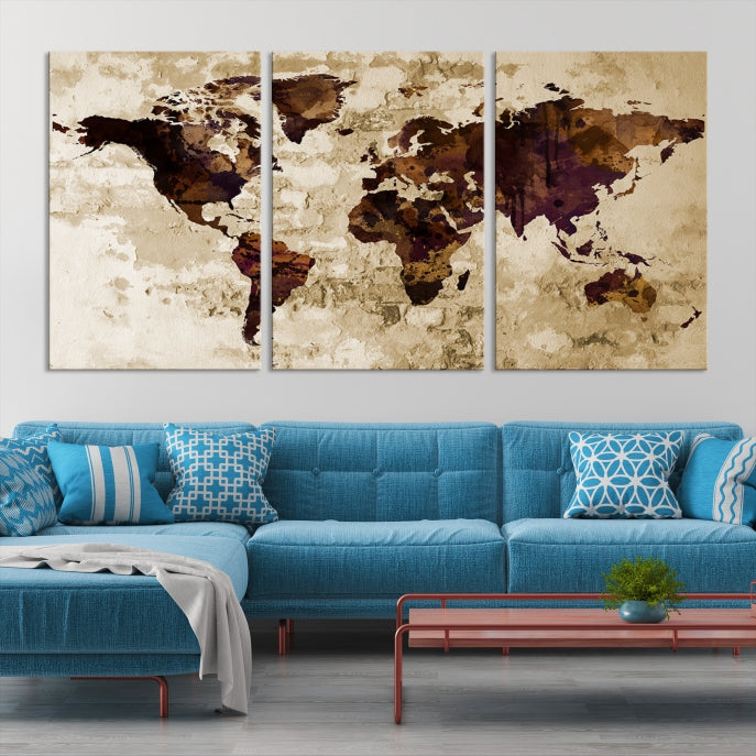 Brown Purple Modern World Map Print Framed Canvas Wall Art