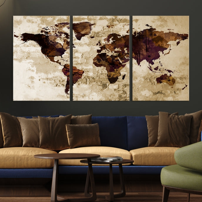 Brown Purple Modern World Map Print Framed Canvas Wall Art