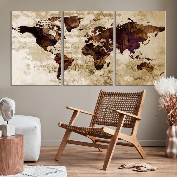 Brown Purple Modern World Map Print Framed Canvas Wall Art