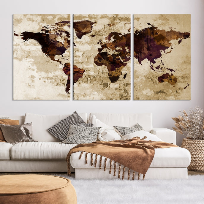 Brown Purple Modern World Map Print Framed Canvas Wall Art