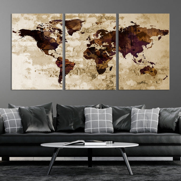 Brown Purple Modern World Map Print Framed Canvas Wall Art