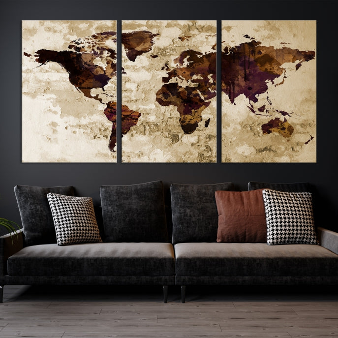 Brown Purple Modern World Map Print Framed Canvas Wall Art