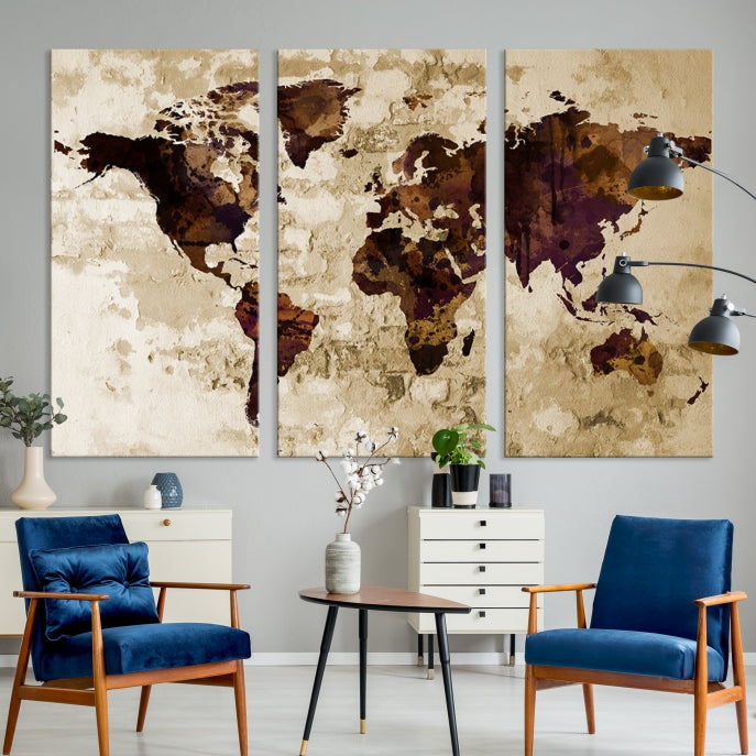 Brown Purple Modern World Map Print Framed Canvas Wall Art