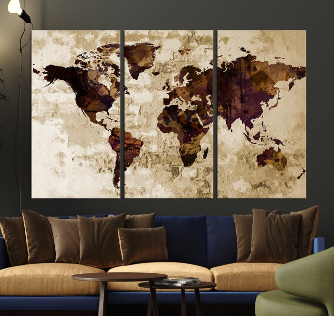 Brown Purple Modern World Map Print Framed Canvas Wall Art