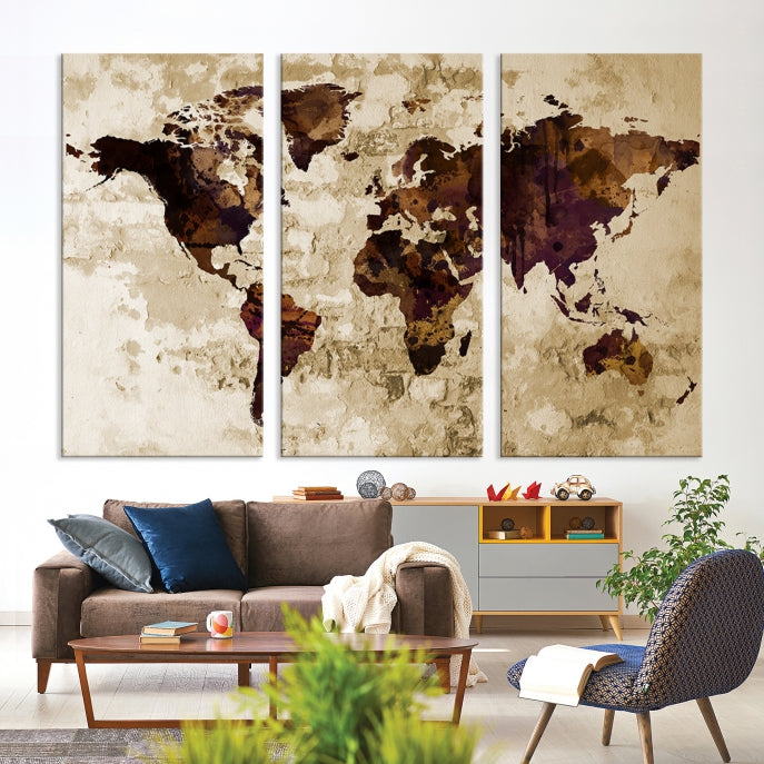 Brown Purple Modern World Map Print Framed Canvas Wall Art