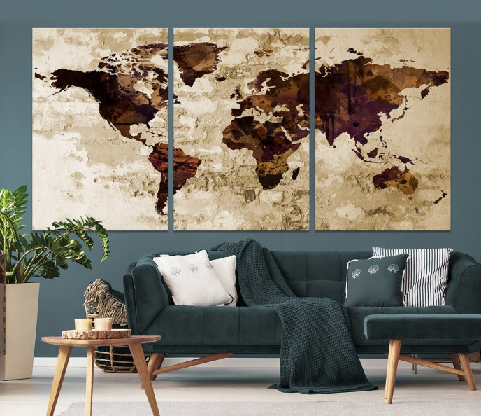 Brown Purple Modern World Map Print Framed Canvas Wall Art