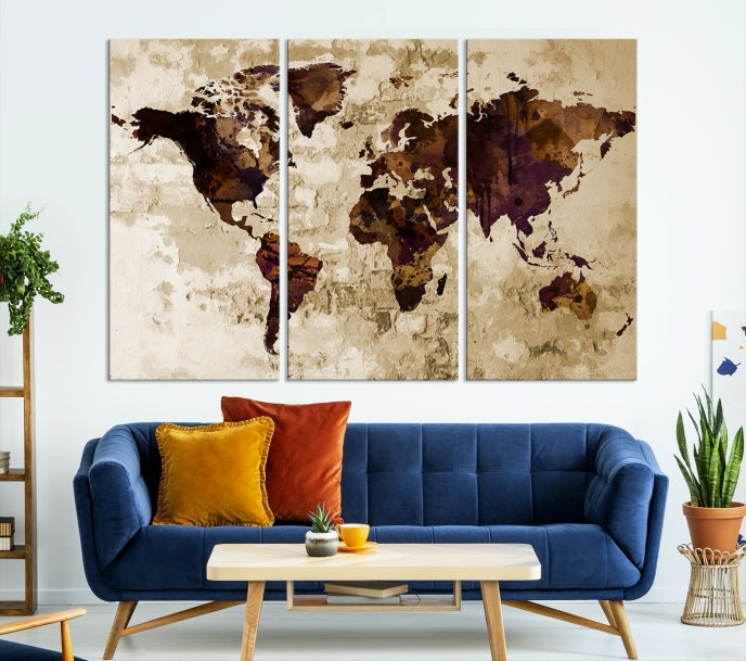 Brown Purple Modern World Map Print Framed Canvas Wall Art