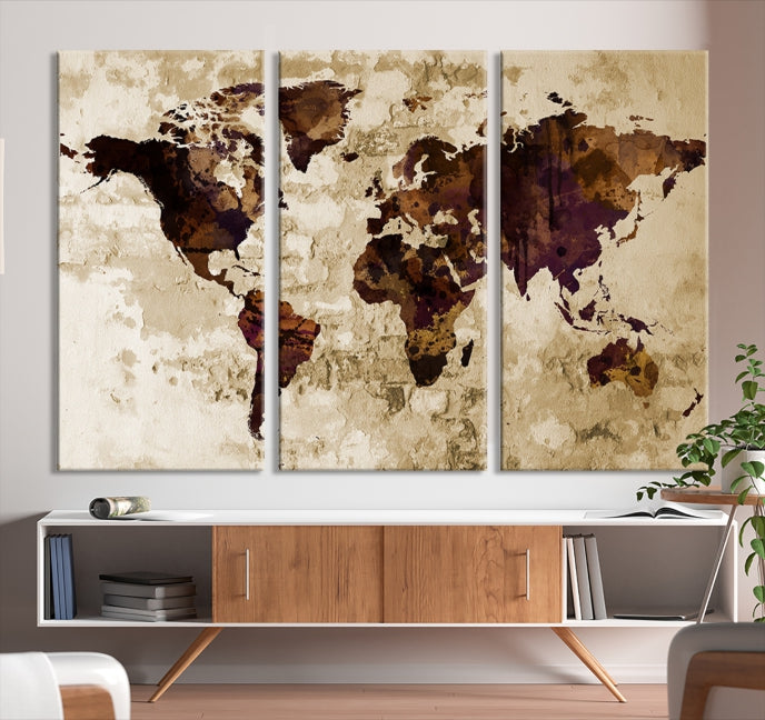 Brown Purple Modern World Map Print Framed Canvas Wall Art