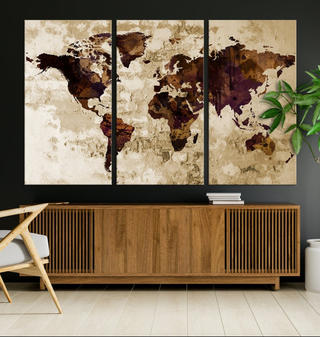 Brown Purple Modern World Map Print Framed Canvas Wall Art