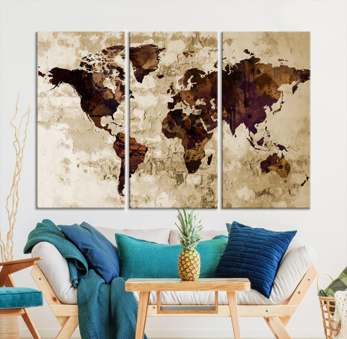 Brown Purple Modern World Map Print Framed Canvas Wall Art