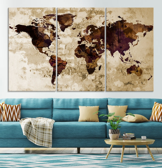 Brown Purple Modern World Map Print Framed Canvas Wall Art